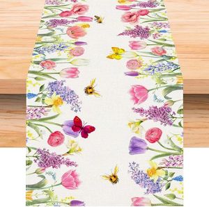 Table Cloth Watercolor Tulip Lavender Floral Butterfly Linen Runner Spring Dresser Scarf Decor Kitchen Dining Party