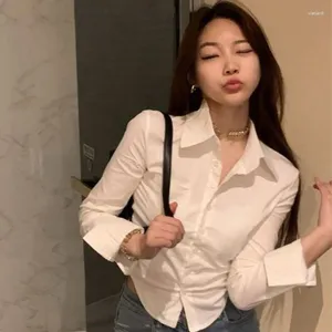 Women's Blouses White Shirts Women Korean Style Buttons Folds Slim Fit Crop Tops Female All-Match Daily Design Office Long Sleeve Blusa