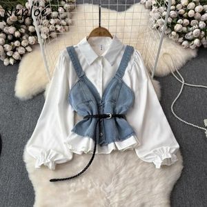 Bluzki damskie Neploe Vintage Chic Szybki rękawa luźne białe koszule kobiety Y2K Slim Fit Blue Dżins Camisole Tops 2024 Spring Dwuczęściowe zestawy