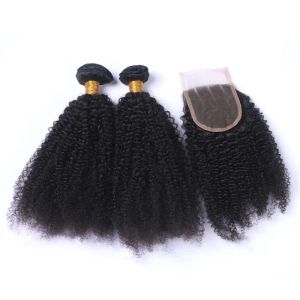 Wets afro enlameado malhado malaio de cabelo humano virgem pacote com fechamento de fechamento curly 4x4 fechamento de renda dianteira com trama de cabelo virgem