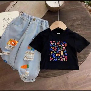 Clothing Sets Kids Girls Set Baby Summer Fashion T-shirt Hole Pants 2 Piece Korean Children Jeans Outfits