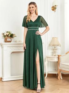 Festklänningar Xuibol Elegant korta ärmar Kväll Långt 2024 Luxury V-Neck Green Shinning Wedding Prom Cocktail Dress Gowns