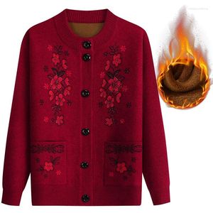 Women's Knits #2974 Autumn Winter Cardigan Coat Women Warm Round Neck Floral Diamonds Vintage Sweater Femme Middle Aged Slim Knitwear