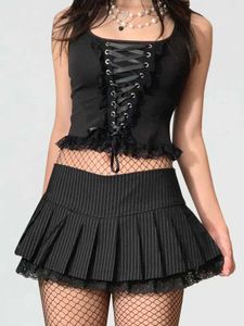 Skirts Women Stripe Mini Pleated Skirt Low Waist Lace Hem Short Skirts Korean Fashion Aesthetic Y2K Gothic Clubwear Y240420