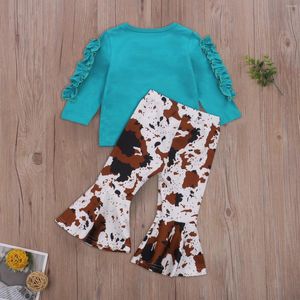 Clothing Sets Western Toddler Baby Girl Clothes Letter Crewneck Sweatshirt Top Cow Print Flared Pants Set 2PCS Bell Bottom Outfits