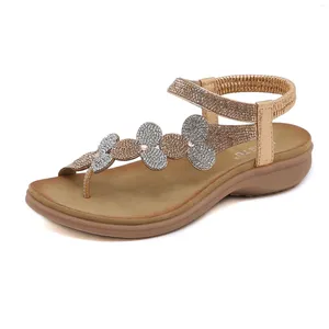 Sandals 2024 Summer Women 1cm Platform 3cm Wedges Low Heels Lady Bling Flowers Party Sparkly Sandles Fashion Bohemian Gold Shoes