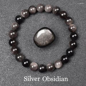 Strand Natural Silver Color Obsidian Bracelet Men Women Original Stone Beads Black Crystal Gems Sheen Energy Protection Jewelry