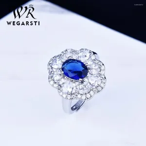 Ringos de cluster de alta qualidade oval criou safira azul para mulheres anel de jóias de moda prata presente de noivado de casamento presente