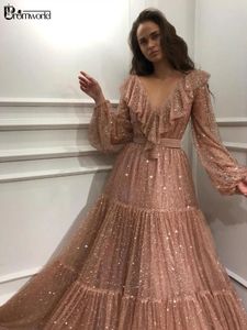Festklänningar Dazzling Pequin Arabic Evening Dress 2024 Blush Pink A-Line Long Sleeves Prom V-Neck Ruffles Sexig klänning