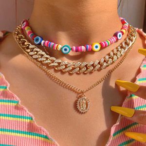 Collane a sospensione allevate alla moda elente arcobaleno arcobaleno ceramica in perline Collana per perline per perline per donne Ritratto Pendente Golden Pocale cubano Cuban Link collana Y240420