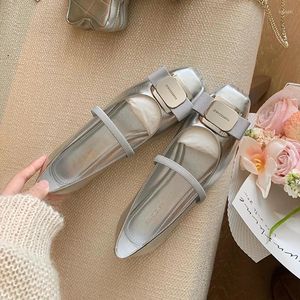 Dress Shoes Bow Thick Heel Mary Jane Spring Retro French Square Head One Belt Women's Silver Ballet Flat Sole Single