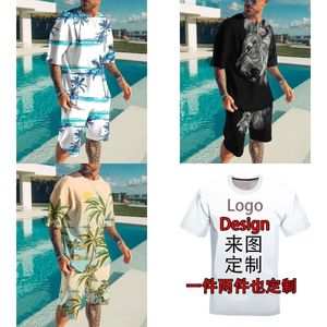 여름 남자의 캐주얼 티셔츠 세트, 미국 3D 인쇄 패션 라운드 목 짧은 슬리브 비치 바지 세트