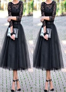 2019 Tea Length Bridesmaid Dresses Evening Dress 34 Long Sleeves Jewel A Line Black Party Gowns Lace Long Wedding Guest Dresses1048007