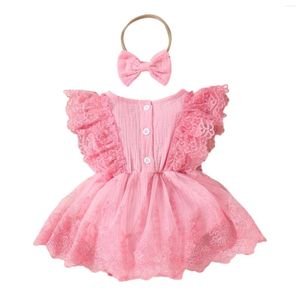 Girl Dresses TiaoBug Born Baby Mesh Tutu Dress Lace Tulle Romper Skirt Flying Sleeve Embroidery Flower Jumpsuits With Headband