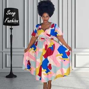 L-4XLアフリカンカジュアルプラスサイズの女性服のためのドレス春夏カラフルな印刷半袖包帯240417