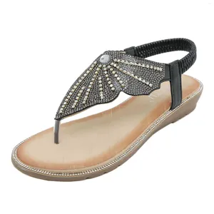 Casual skor plus storlek 36-42 för kvinnor sommar eleganta bohemiska kilar sandaler flip flops strand diamant