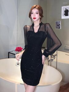 Casual Dresses Summer Fashion Lady Black Sequin Evening Dress Women Clothing Mesh See Through Splic Sexy Long Sleeve Slim Short Party