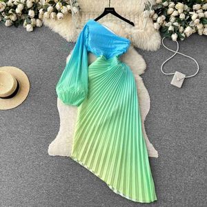 Casual Dresses Autumn Fashion Women Pleated Maxi Dress Elegant Gradient Color Printed One Shoulder Long Sleeve Hollow Out Irregular Party