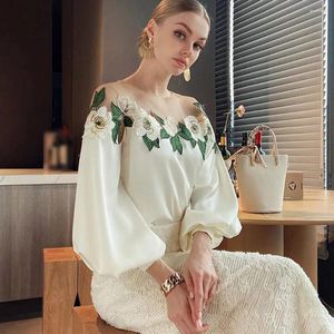 Women's Blouses Lantern Sleeve Shirt Women Stylish Satin Embroidered Gauze Breathable Comfortable Elegant Lady's Top Polyester