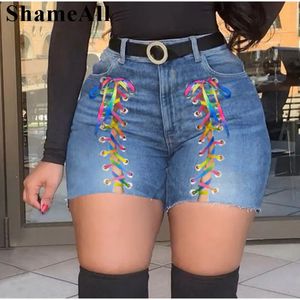 Plus Size Sexig vit blå ihålig denimshorts 4XL Summer Women High midja Rippad Tassel Korta jeans Lace Up Bandage Pants 240415