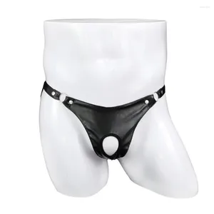 Underpants Men's Sexy Underwear Artificial Leather Metal Ring Thong Jock Strap Jockstrap Panties Buttocks Hollow Thongs Erotic