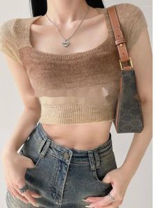 Women's T Shirts Summer TVVovvin 2024 Fashion Square Neck Gradient Knit Underlay Shirt for Women Slim and Short Cut Open Navel 2EF2