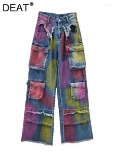 Kvinnors jeansgradient Tryck flera fickor Lossa raka Burrs Färgglada graffitilast 2024 Summer Female 33A1279