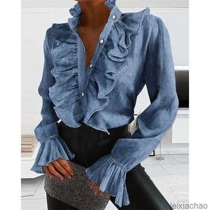 DONNE ELEGANTE RUFFLES sexy a V bottoni per collo retrò denim camicia a maniche lunghe per maniche lunghe Office Lady Spring Casual Slim tops SJ5847M T200801