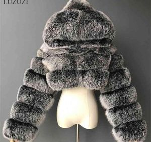 Luzuzi Winter Furry Croped Faux Fur Coats Women Fluffy Top Coat med huva varma pälsjacka damer Manteau Femme 2109021519365