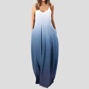 Casual Dresses Summer For Women 2024 Long Maxi V Neck Loose Sleeveless Print Dress Boho Beach Sundress Sexig Pocket Cotton