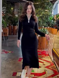 Повседневные платья Dubai Женщины платье Bodycon Long V Nece Zipper Hip Wrap Saudi Arabic Party Sexy Y2K Club Black Midday Vestidos 2024