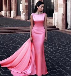 Vestidos de festa elegante sereia rosa vestido de noite formal aberta as costas mangas cetim mulheres longas bandos vestidos manto