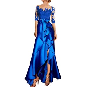 Elegant Satin Mermaid Mother of the Bride Dress - 3/4 Sleeve Blue Gown with Jewel Neck, Ruffles & Lace Detail, Sweep Train