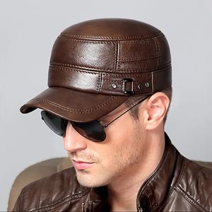 Äkta läder första lager kohud mössa mens platt kepsar armé militär hatt elegant man baseball cap brittisk vintage justerbar 240323