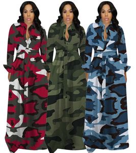 Women Camouflage Long Dress Elegant Long Sleeves Lapel Neck Neck Buttons A line Casual Maxi Shirt Dresses Floor Length S9677210
