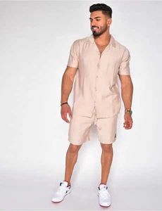 Mens Tracksuits Summer Cotton Linen Shirt Set Casual Loose 2-Piece Suit Home Clothes Pyjamas Comfy Breattable Beach Kort ärmuppsättningar