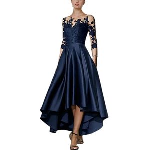 Elegant Hi-Lo Lace 3/4 ärmar Mor till brudklänningen Satin Navy Blue Formal Party Gown veck La Madre Del Vestido de Novia Women Dresses With Pockets