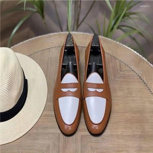 Dress Shoes Loafers Comfy Leather Old Money Zapatos Hombre Pointed Toe Mocasines Square Plat Heel Genuine Mix Orange