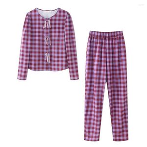 Women's Two Piece Pants Spring/Summer 2024 Printed Round Neck Casual And Unique Plaid Shirt & Pant Set