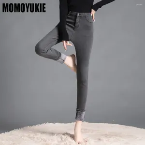 Kvinnors jeans 2024 vinter harajuku kvinnor hög midja stretch kvinnlig varm lady koreansk style mode mager smala blyertsbyxor