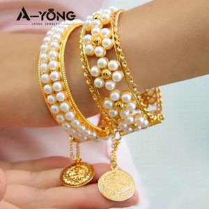 AYONG Elegant Pearls Gold Bracelets 21k Gold Plated Luxury Cuff Bangle Turkish Middle East Muslim Party Jewelry Event Gifts 240408