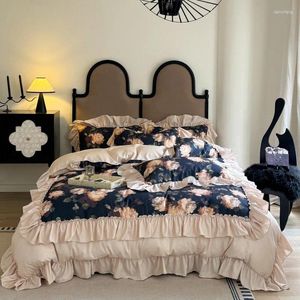 Bedding Sets French Retro Rose Set Luxury Vintage Flower Priffles Ruffles Roman Cotton Toupet Capa Campa e fronhas