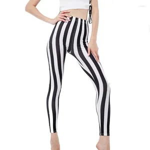 Leggings femininos Sport Leggins Black White Stripe Impresso Push Up Cantura Alta Mulheres Sexia Calças Trecedas Elastic Fitness elástico