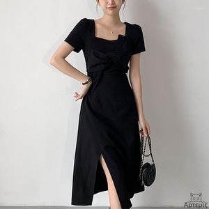 Casual Dresses Retro Square Collar Dress Women's Summer Waist-Tight Slimming A- Line Skirt Women