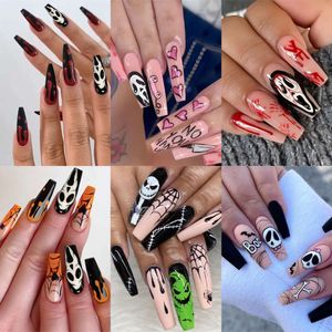 Halloween bär rustning Ghost Skull Pumpkin Bat Long 24 Piece False Patch Nail Enhancement