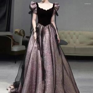 Party Dresses Fairy Mesh Soe Up Temperament Square Collar Puff Sleeve Prom Dress Vintage Velvet Slim A-Line Vestidos Sweet Floral Print