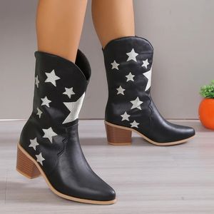 Womens Embroidered Western Knee High Boots Cowboy Cowgirl Boots Chunky Heel Platform Boots Women Western Shoes 240412