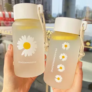 Water Bottles 500ml Small Daisy Transparent Plastic BPA Free Creative Frosted Bottle With Portable Rope Travel Tea Cup