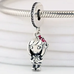 Lösa ädelstenar original söt flicka med röd emalj persikblomma pendellpärlor passar 925 sterling silver charm armband armband arv diy smycken