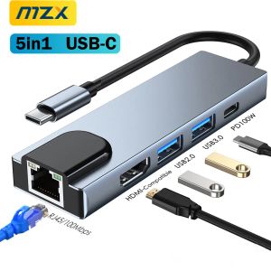 Hubs MZX 5 in 1 Docking Station Type C to HDMICompatible RJ45 Ethernet 100M Dock USB Hub 3 0 2.0 3.0 Concentrator Extension Adapter